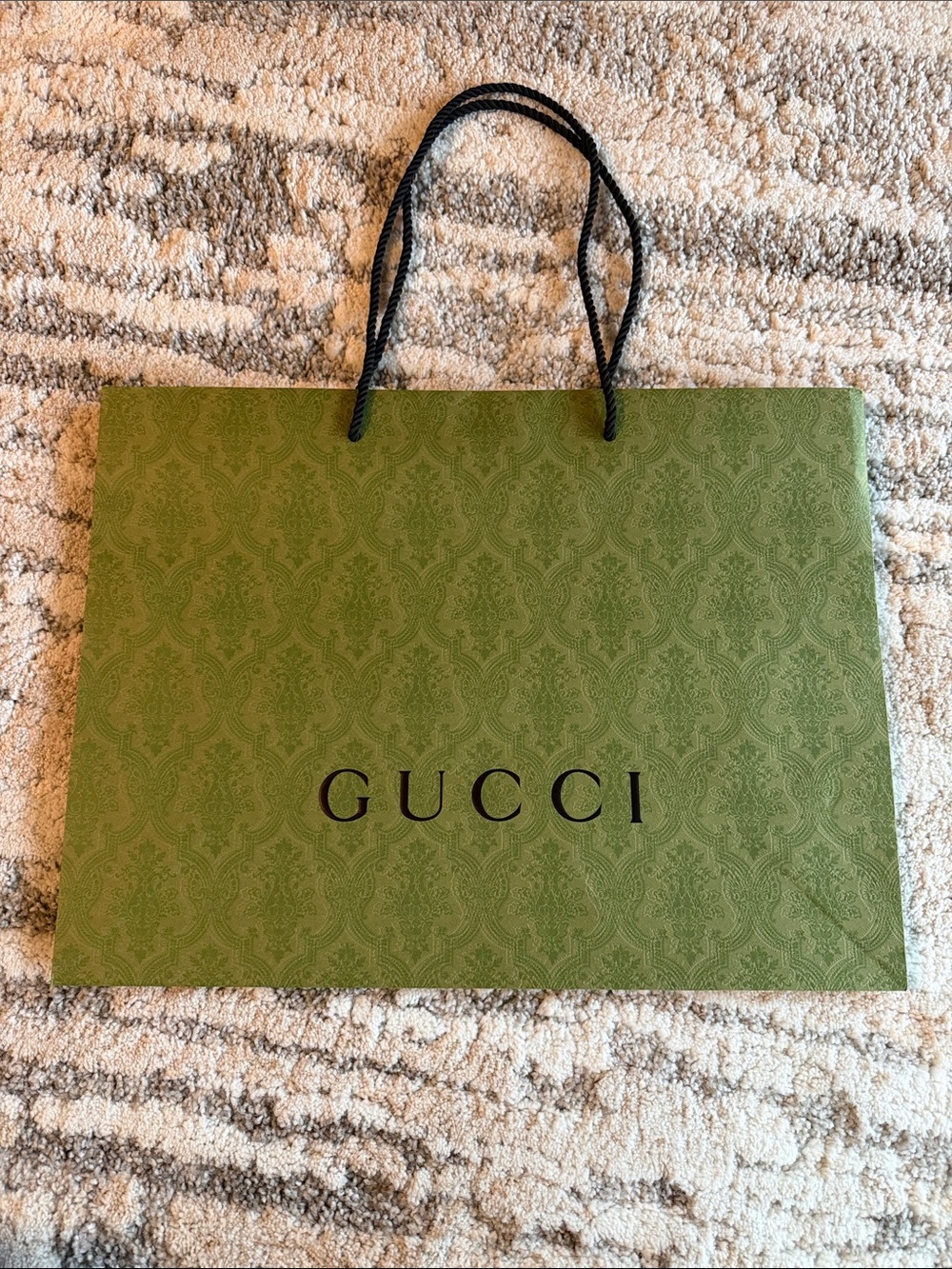 Gucci Green Damask Paper Shopping Bag with Black Rope Handles